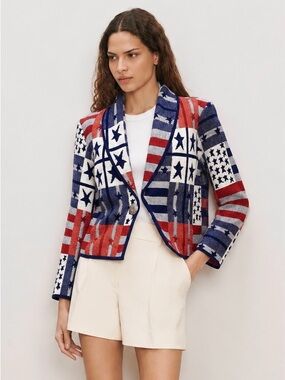 Vintage 90s Americana Flag Patriotic Knit Upholstery Blazer Large Festival Retro